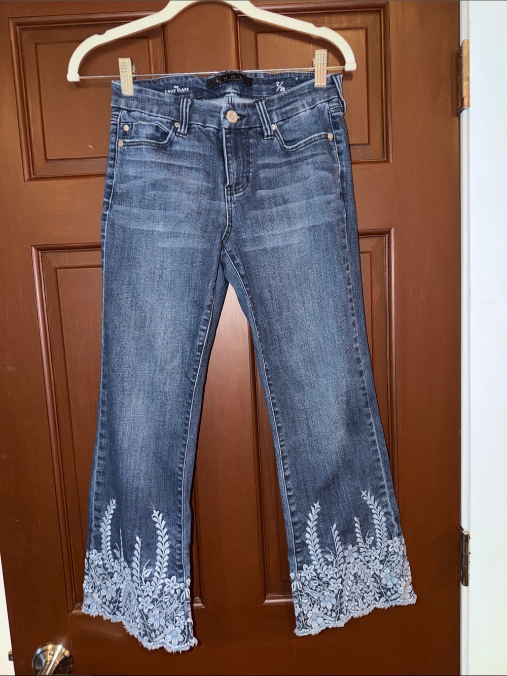 Liverpool Blue Jeans with White Floral Embroidered Flare